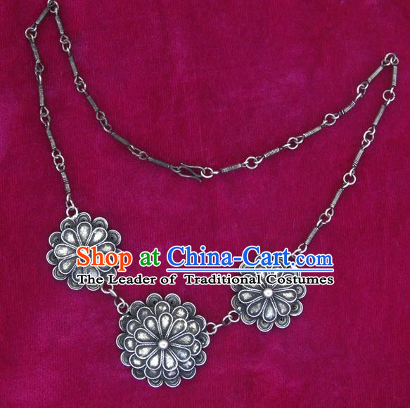 Traditional Chinese Miao Sliver Carving Flowers Necklace Hmong Ornaments Longevity Lock for Women