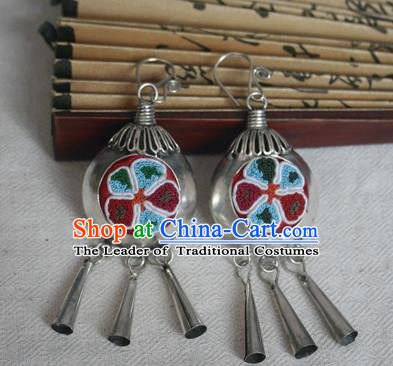 Traditional Chinese Miao Sliver Embroidered Earrings Hmong Ornaments Tassel Eardrop for Women