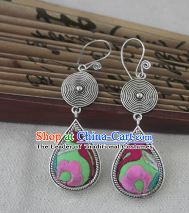 Chinese Miao Sliver Traditional Embroidered Flower Green Earrings Hmong Ornaments Minority Headwear for Women