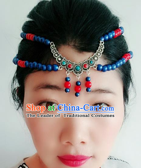 Chinese Traditional Mongol Stage Performance Tassel Hair Accessories, Mongolian Folk Dance Blue Beads Hair Clasp Headwear for Women