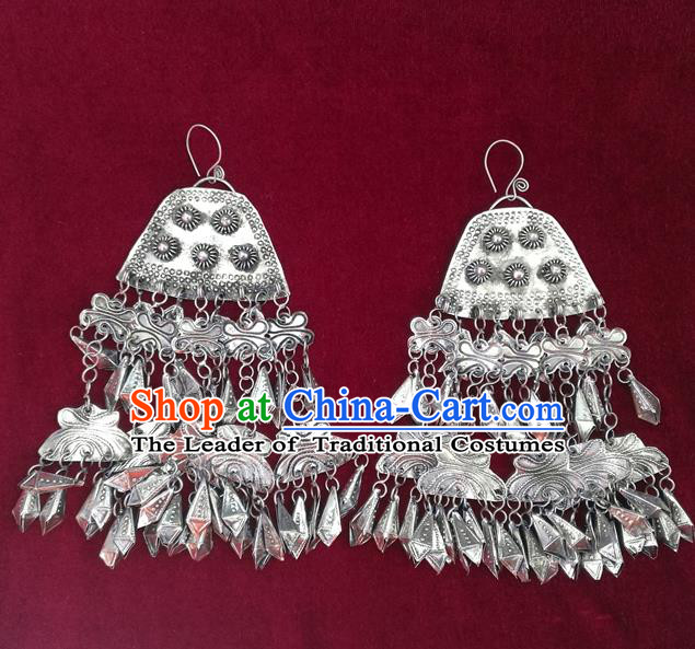 Traditional Chinese Miao Sliver Tassel Earrings Hmong Ornaments Minority Headwear for Women