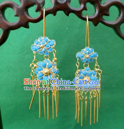 Chinese Traditional Ornaments Accessories Ancient Miao Minority Blue Flowers Earrings for Women