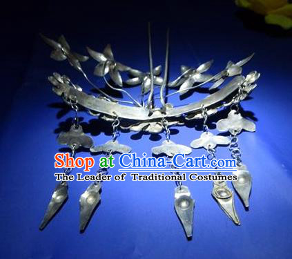 Traditional Chinese Miao Nationality Hair Accessories Hmong Female Folk Dance Hairpins Bracelet Sliver Necklace Headwear for Women