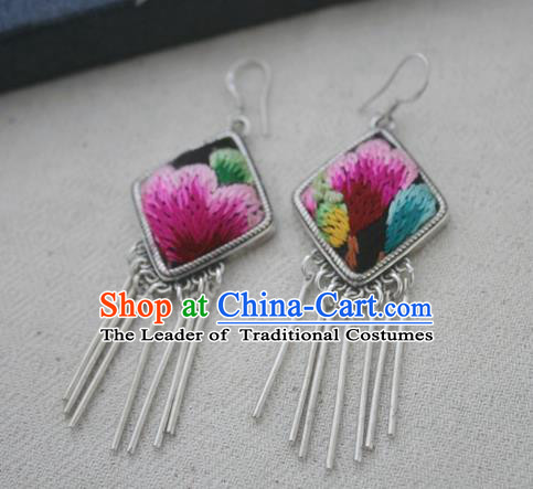 Chinese Traditional Miao Sliver Earrings Hmong Ornaments Accessories Minority Embroidered Flower Eardrop for Women
