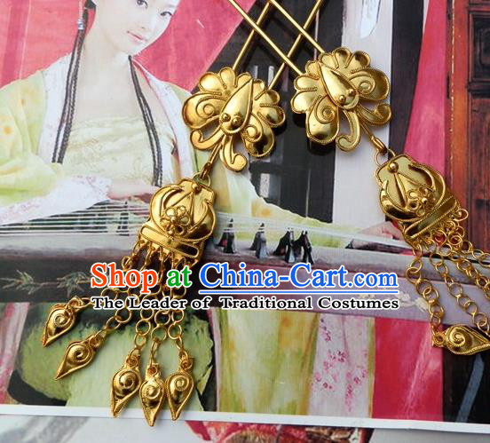 Traditional Chinese Miao Nationality Golden Butterfly Tassel Hairpins Hair Accessories for Women