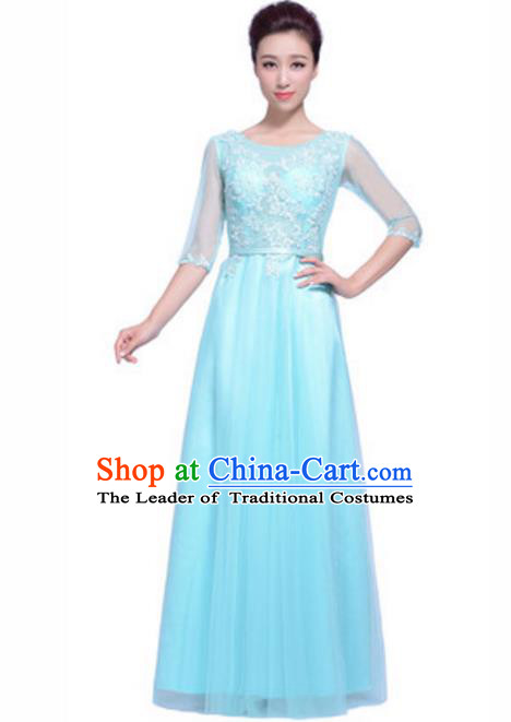 Top Grade Chorus Singing Group Beading Embroidery Blue Full Dress, Compere Stage Performance Modern Dance Costume for Women
