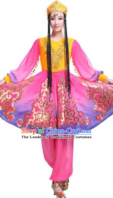 Traditional Chinese Uyghur Ethnic Dance Dress, Uigurian Minority Folk Dance Costume and Headwear for Women