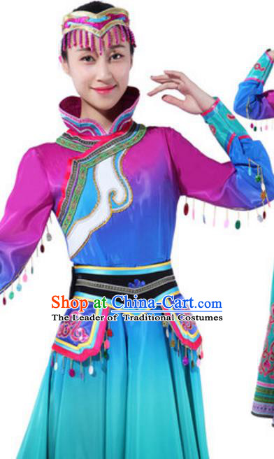 Traditional Chinese Mongolian Ethnic Dance Green Dress, China Mongols Minority Folk Dance Costume and Headwear for Women
