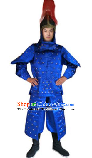 Traditional Chinese Ancient Manchu General Blue Costume Qing Dynasty Warriors Historical Body Armor and Helmet Complete Set