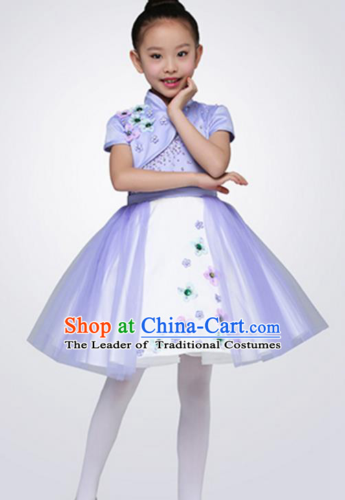 Top Grade Children Classical Dance Purple Chorus Dress, Compere Stage Performance Choir Costume for Kids