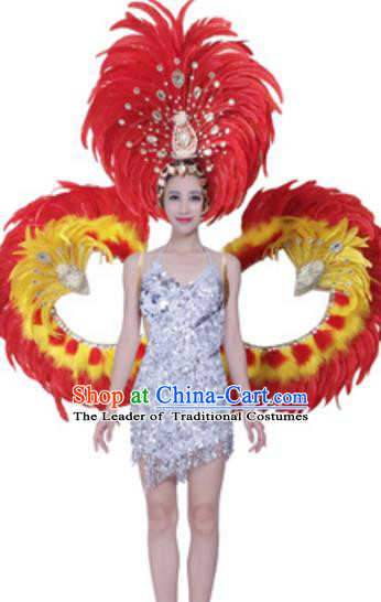 Top Grade Modern Dance Costume Stage Show Brazil Parade Giant Red Feather Wings and Headpiece for Women