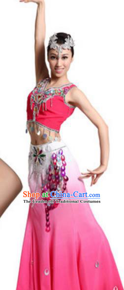 Traditional Chinese Dai Nationality Dance Dress, Chinese Dai Female Ethnic Peacock Dance Costume and Headwear for Women