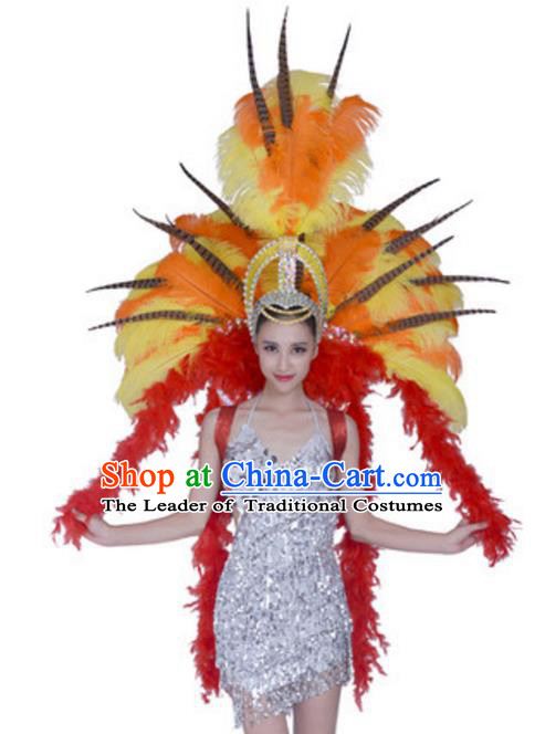 Top Grade Samba Dance Props Stage Show Brazil Parade Giant Yellow Ostrich Feather Wings and Headpiece for Women
