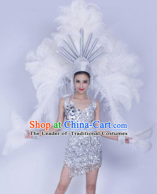 Top Grade Samba Dance Props Stage Show Brazil Parade Giant White Ostrich Feather Wings and Headpiece for Women