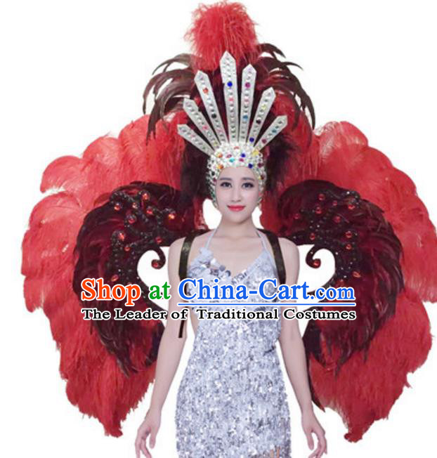 Top Grade Samba Dance Props Stage Show Brazil Parade Giant Red Ostrich Feather Wings and Headpiece for Women