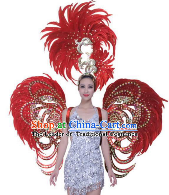 Top Grade Samba Dance Props Stage Show Brazil Parade Giant Red Feather Butterfly Wings and Headpiece for Women