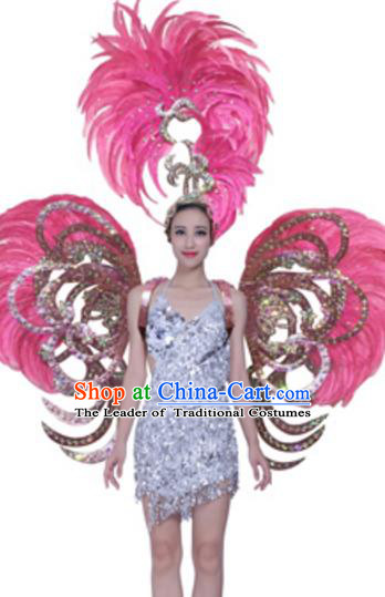 Top Grade Samba Dance Props Stage Show Brazil Parade Giant Pink Feather Butterfly Wings and Headpiece for Women