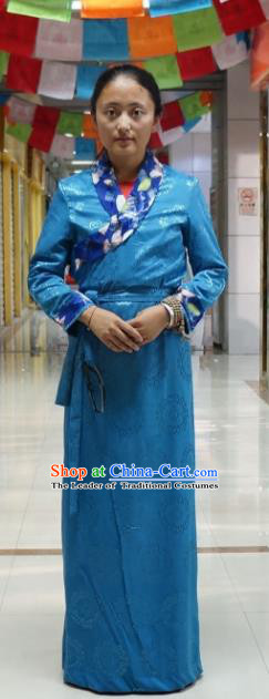 Chinese Traditional Zang Nationality Blue Dress, China Tibetan Heishui Dance Costume for Women