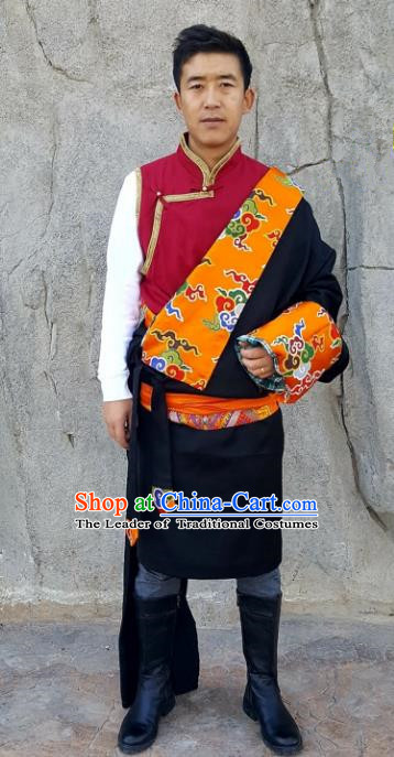 Chinese Traditional Zang Nationality Costume, China Tibetan Ethnic Black Brocade Robe for Men