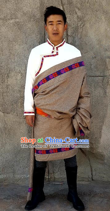 Chinese Traditional Zang Nationality Costume, China Tibetan Ethnic Grey Robe for Men