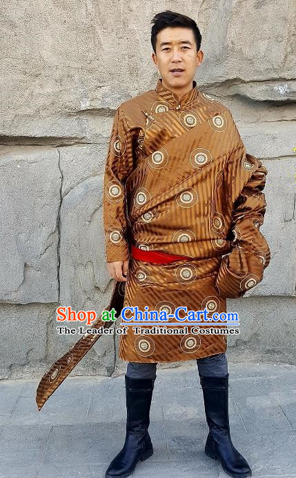Chinese Traditional Zang Nationality Costume, China Tibetan Ethnic Golden Brocade Robe for Men