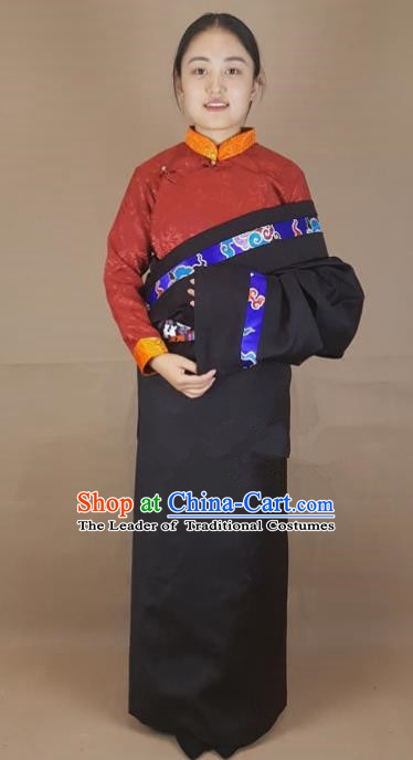 Chinese Traditional Zang Nationality Clothing Black Tibetan Robe, China Tibetan Ethnic Heishui Dance Costume for Women