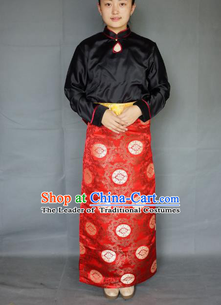 Chinese Traditional Zang Nationality Red Brocade Skirt, China Tibetan Heishui Dance Costume for Women