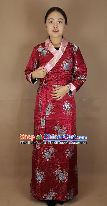 Chinese Traditional Zang Nationality Costume Wine Red Brocade Dress, China Tibetan Heishui Dance Clothing for Women