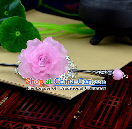 Chinese Traditional Ancient Hair Accessories Hanfu Hairpins Pink Peony Hairdo Crown Headwear for Women