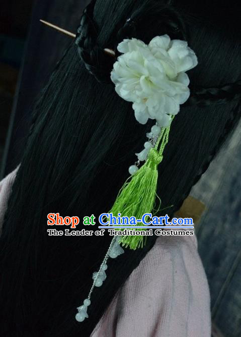 Chinese Traditional Ancient Hair Accessories Hanfu Peony Hairpins Green Tassel Hair Clip Headwear for Women