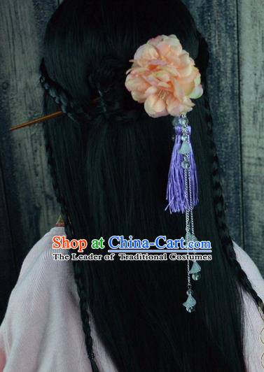 Chinese Traditional Ancient Hair Accessories Hanfu Pink Peony Hairpins Tassel Hair Clip Headwear for Women