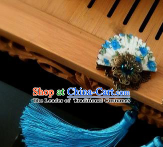 Chinese Traditional Ancient Hair Accessories Hanfu Hairpins Blue Tassel Hair Stick Headwear for Women