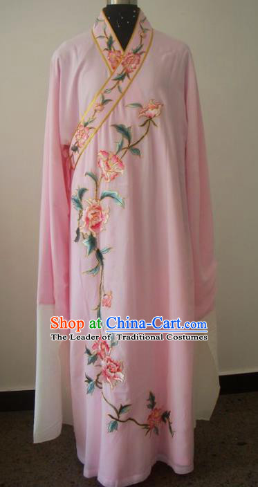 Chinese Traditional Beijing Opera Embroidered Peony Costumes China Peking Opera Niche Pink Silk Robe for Adults