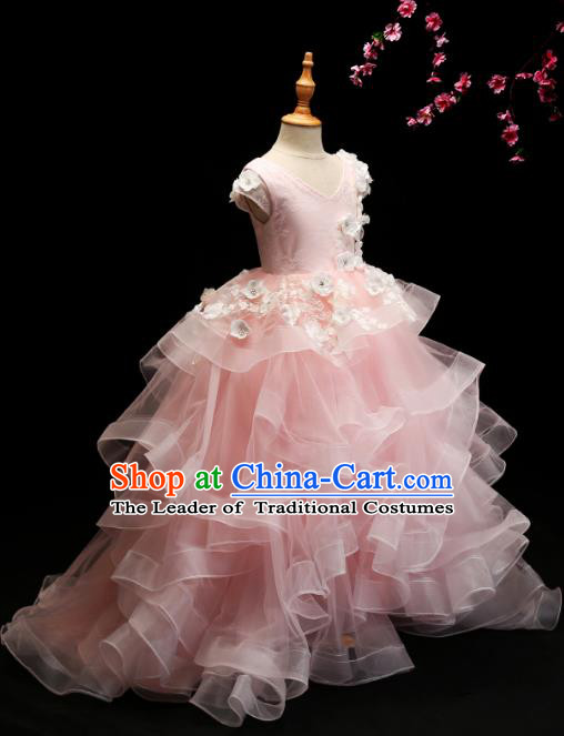 Children Modern Dance Costume Compere Pink Bubble Full Dress Stage Piano Performance Princess Dress for Kids