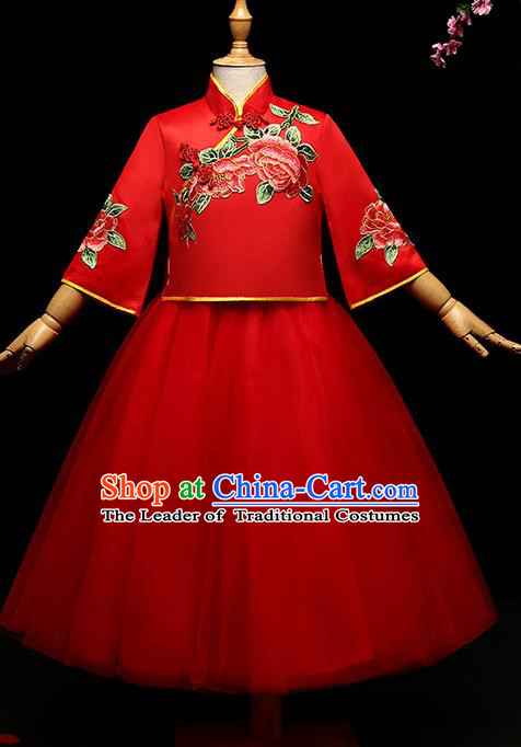 Children Modern Dance Costume Compere Full Dress Stage Performance Chorus Red Dress for Kids