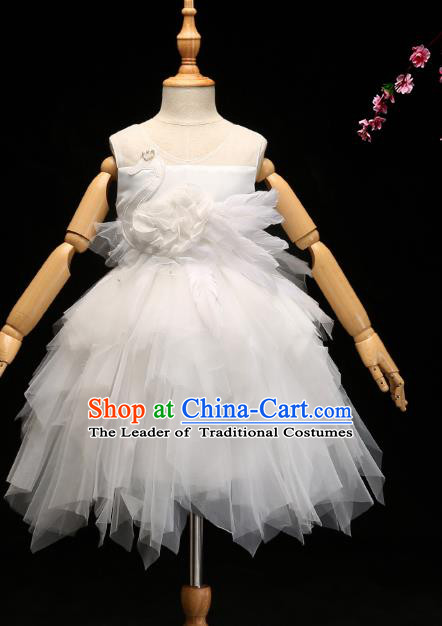 Children Modern Dance Costume Compere White Veil Bubble Full Dress Stage Piano Performance Princess Dress for Kids