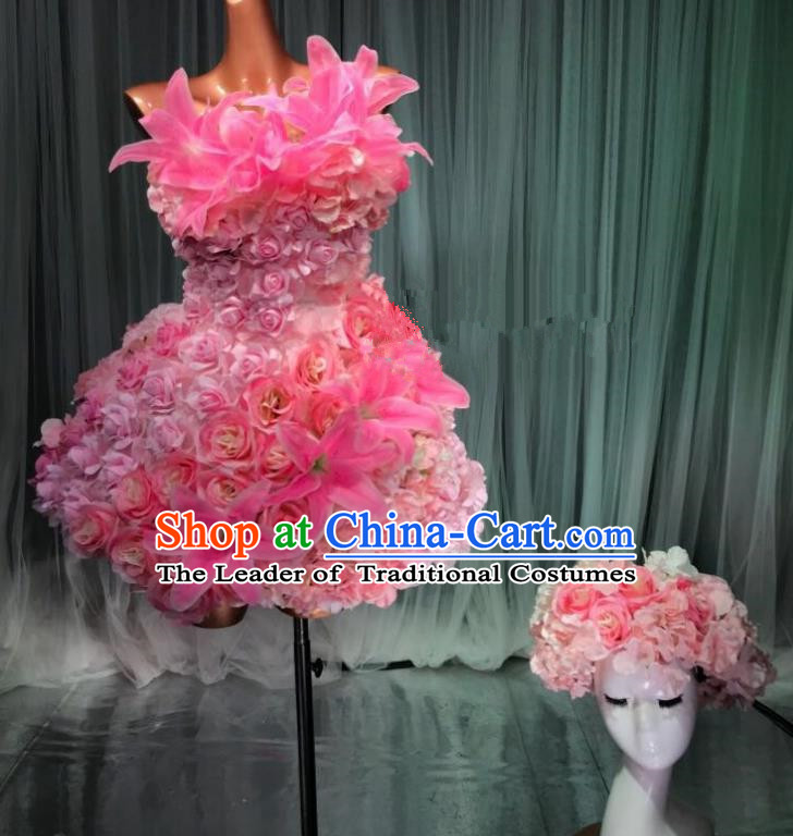 Top Grade Stage Performance Costume Models Catwalks Pink Flowers Fairy Dance Dress and Headwear for Women