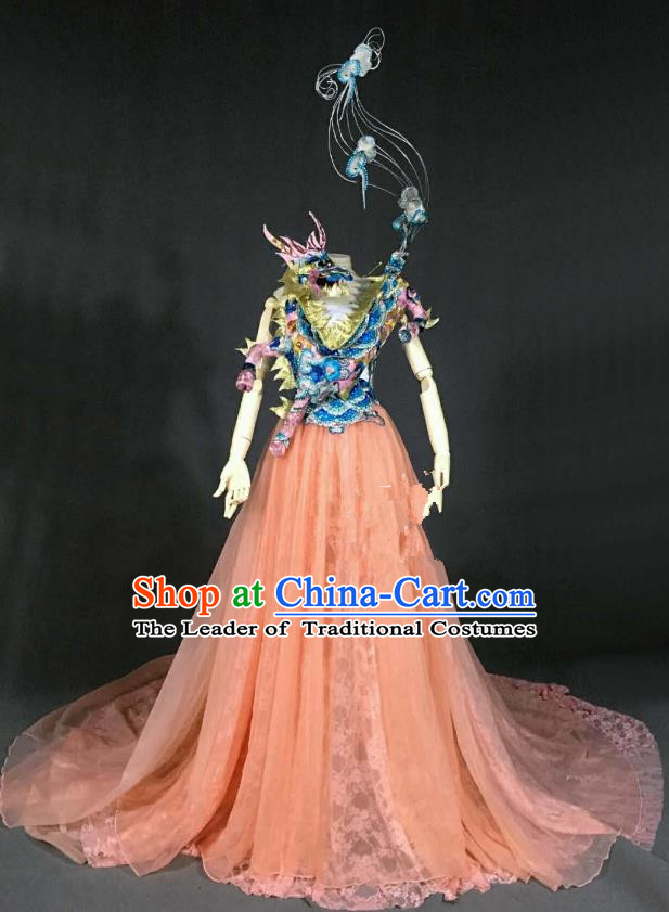 Top Grade Stage Performance Costume Models Catwalks Dragon Orange Full Dress for Women