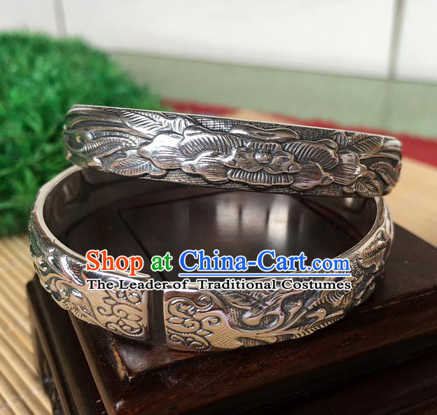 Handmade Chinese Miao Nationality Craft Carving Lotus Sliver Bracelet Traditional Hmong Bangle for Women