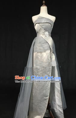 Top Grade Models Catwalks Costume Grey Full Dress Stage Performance Compere Clothing for Women