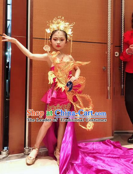 Children Models Show Costume Chinese Stage Performance Catwalks Clothing and Headpiece for Kids