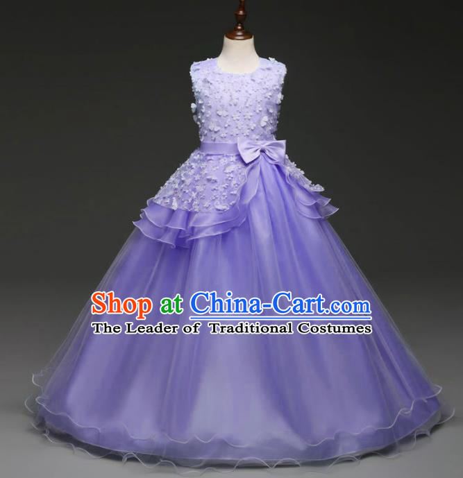 Children Models Show Costume Stage Performance Catwalks Compere Princess Purple Bubble Dress for Kids