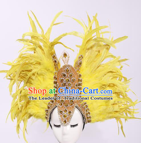Top Grade Stage Performance Prop Models Show Brazilian Rio Carnival Yellow Feather Headwear for Women