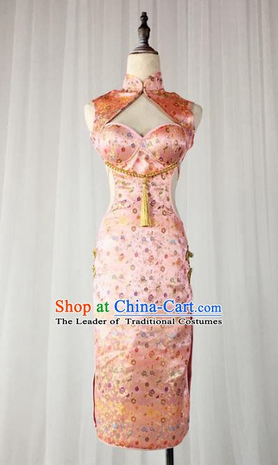 Top Grade Models Show Costume Stage Performance China Cheongsam Pink Full Dress for Women