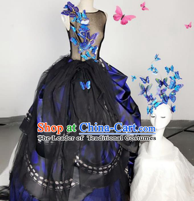 Top Grade Models Show Costume Stage Performance Catwalks Blue Butterfly Full Dress for Women