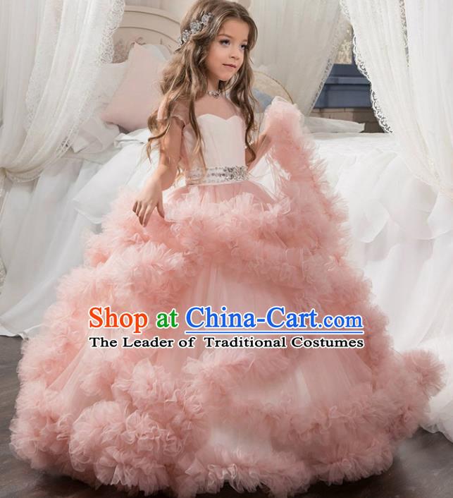Children Models Show Costume Stage Performance Catwalks Compere Pink Veil Full Dress for Kids