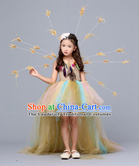 Children Models Show Costume Stage Performance Catwalks Compere Yellow Veil Trailing Dress for Kids