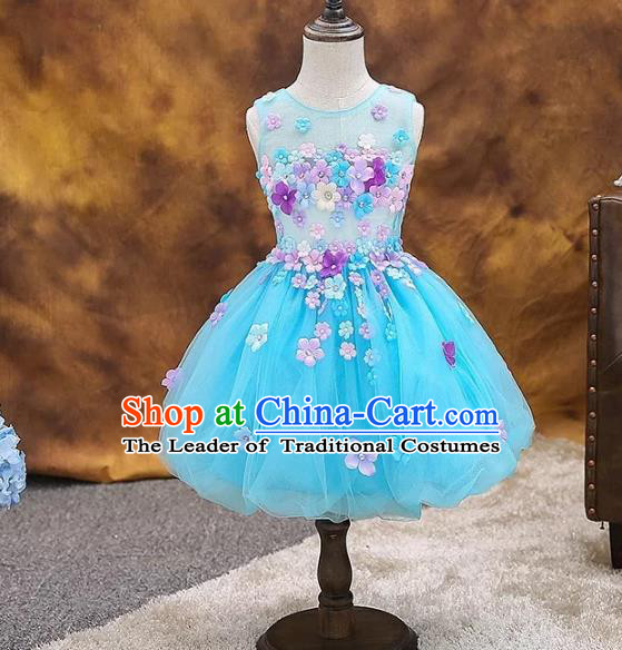 Top Grade Children Catwalks Costume Modern Dance Stage Performance Compere Blue Dress for Kids