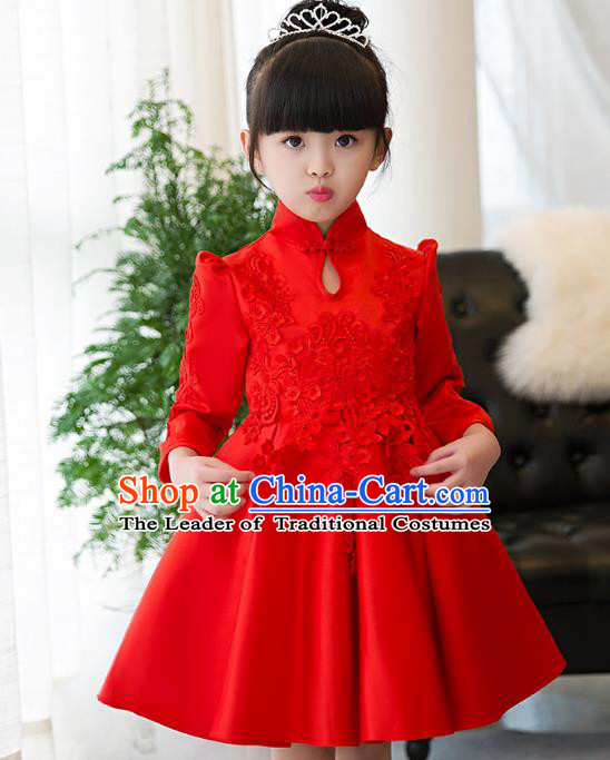 Top Grade Children Catwalks Costume Modern Dance Stage Performance Red Lace Cheongsam Dress for Kids