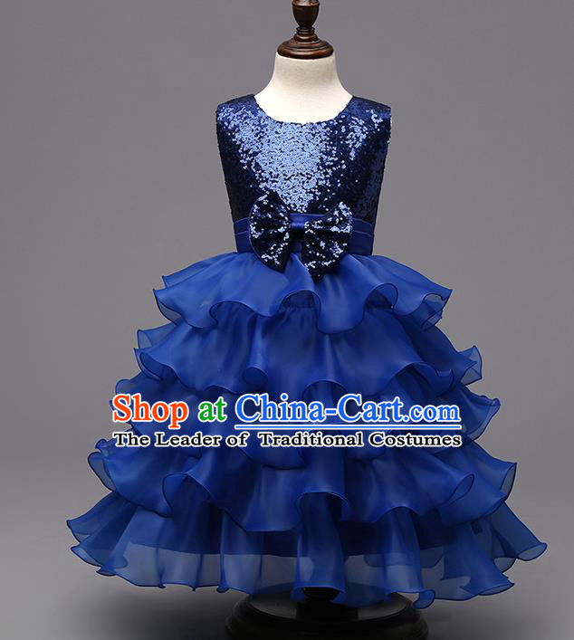 Top Grade Children Catwalks Costume Modern Dance Stage Performance Compere Royalblue Sequins Dress for Kids